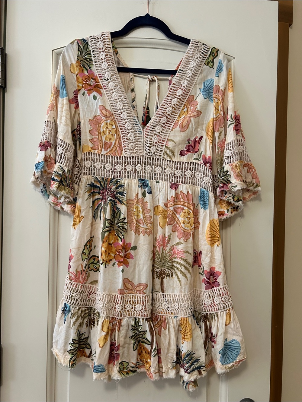 ZL Boho Floral Crochet Trim Tunic - Cream Multi